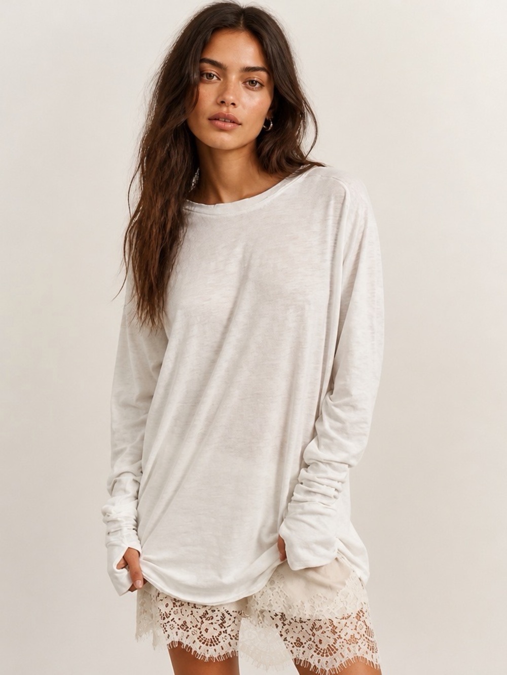 Free People We The Free Arden Tee White Long Sleeve Thumbholes Medium